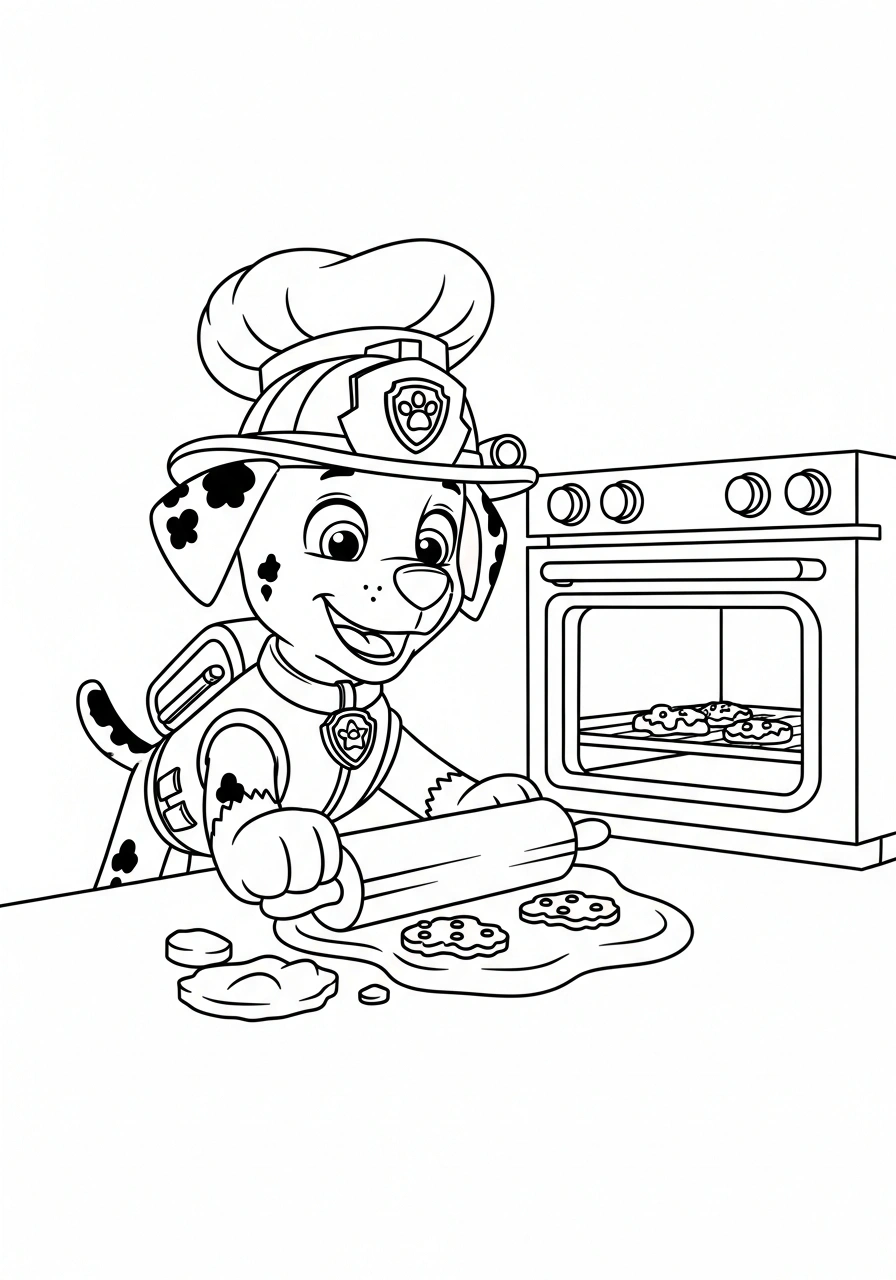 Paw Patrol kleurplaat van Marshall met koksmuts die koekjes bakt met deegroller en oven kleurplaat