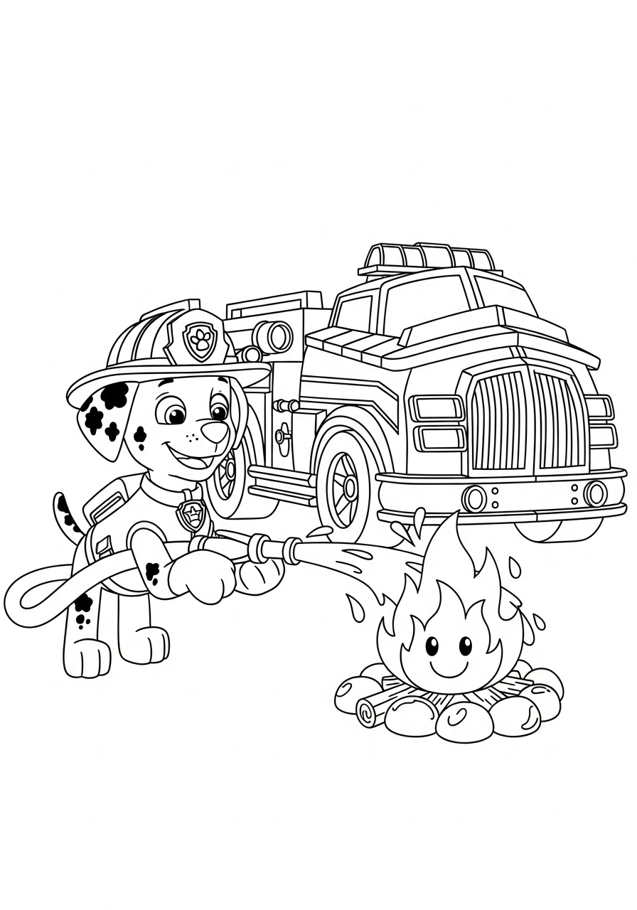 Paw Patrol kleurplaat van Marshall met brandweerhelm en slang, die een klein vuurtje veilig blust kleurplaat