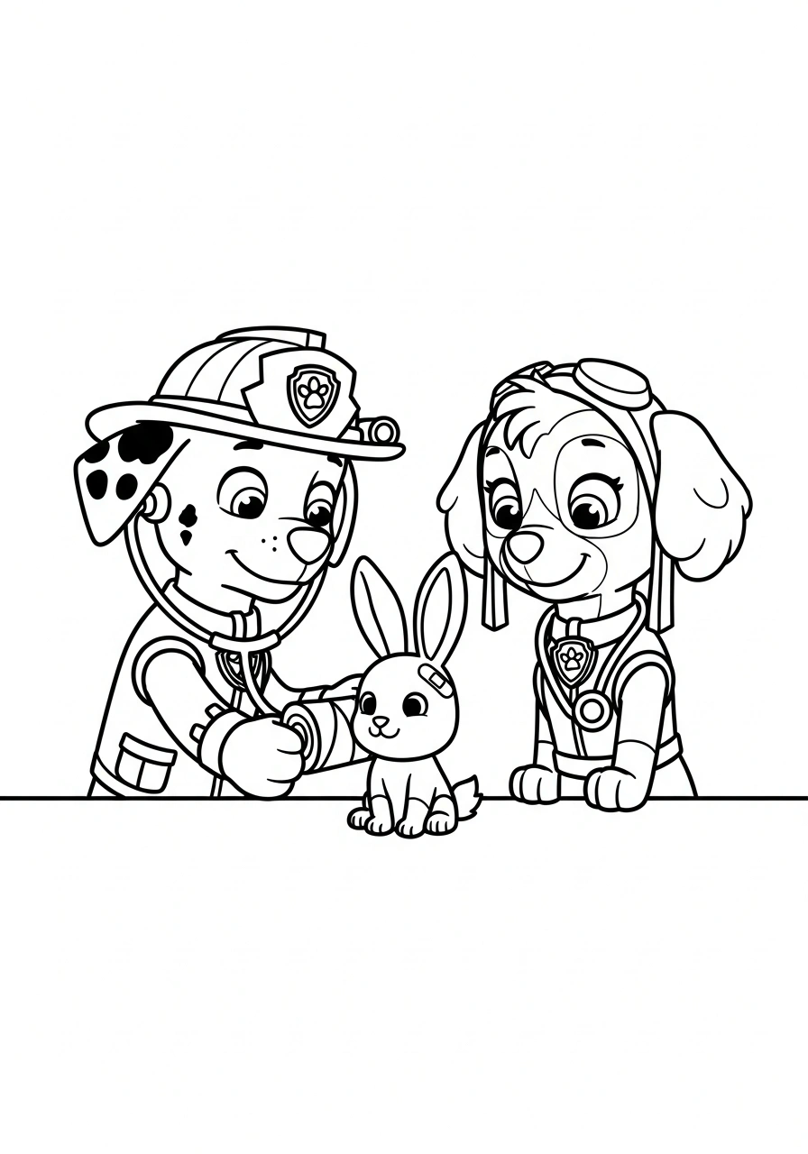 Paw Patrol kleurplaat van Marshall en Skye bij de dierenarts met een konijntje en een verbandrol kleurplaat