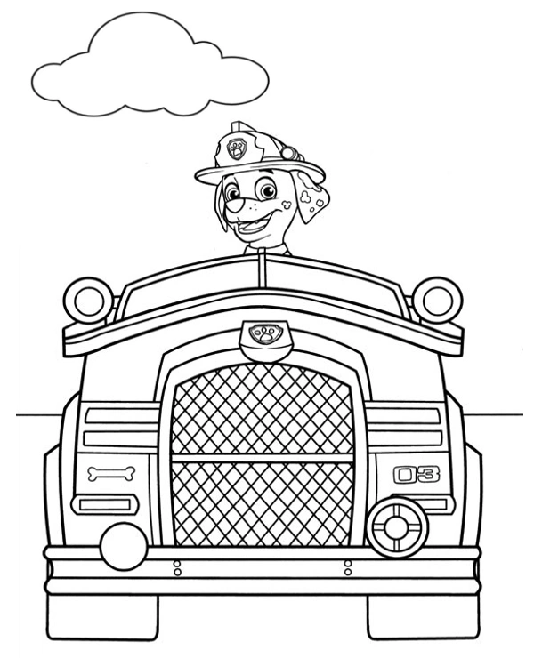 Paw Patrol kleurplaat van Marshall in zijn brandweerauto met sirenes en eenvoudige lijnen kleurplaat