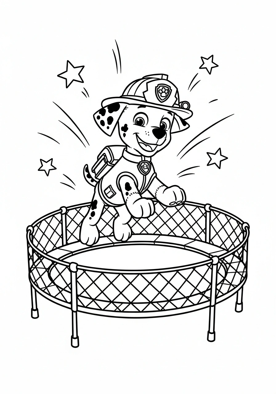Paw Patrol kleurplaat van Marshall die springt op een trampoline met veiligheidsnet en vrolijke sterren kleurplaat