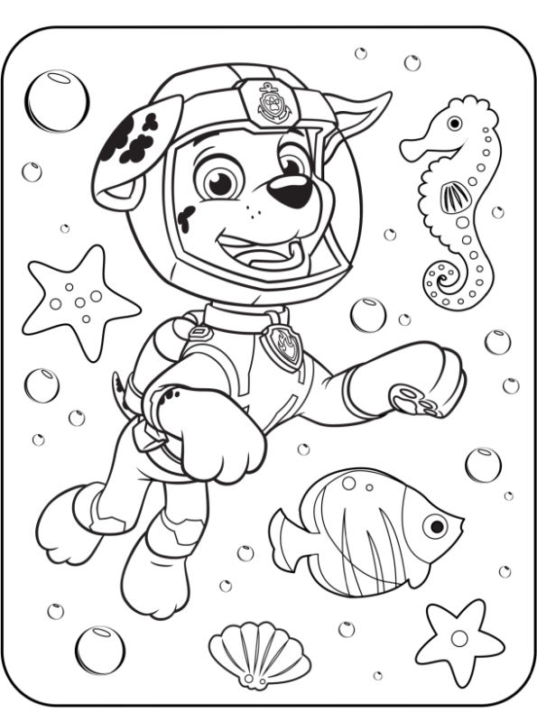 Paw Patrol kleurplaat van Marshall die zwemt in de zee met vissen, zeesterren en bubbels