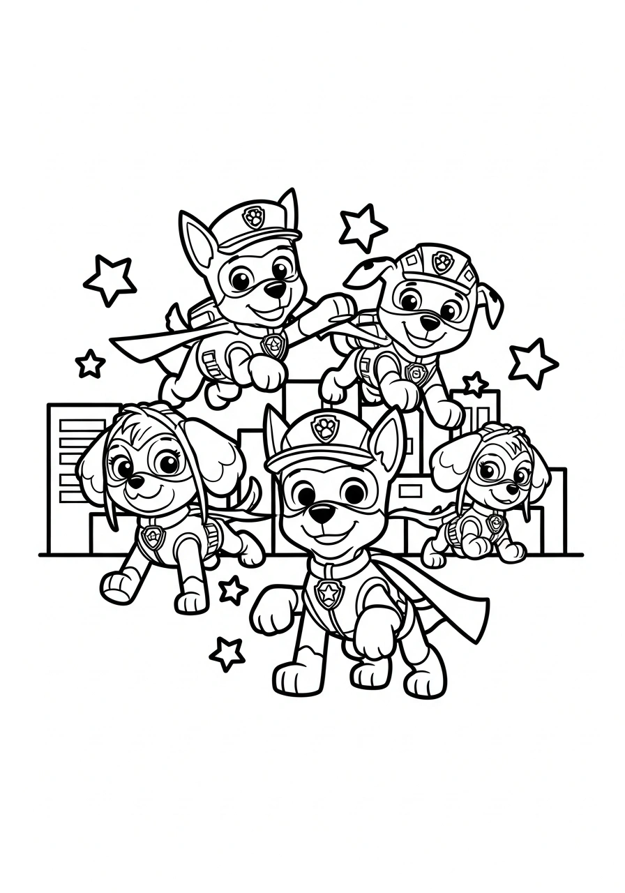 Paw Patrol kleurplaat met Mega Pups in superpose met bliksems en sterren rondom kleurplaat