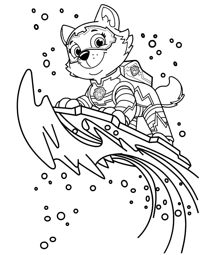 Paw Patrol kleurplaat van Mighty Pup Everest op een snowboard met sneeuw en actie-lijnen kleurplaat