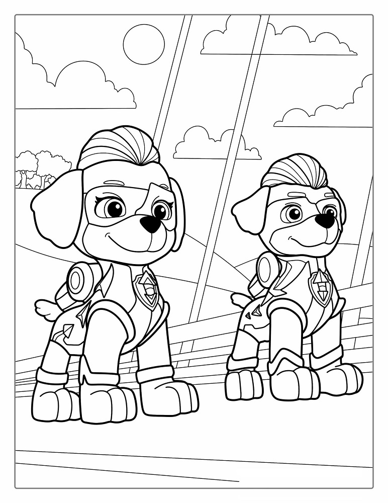 Paw Patrol kleurplaat van Mighty Pups met superheldenpakken en eenvoudige achtergrondlijnen