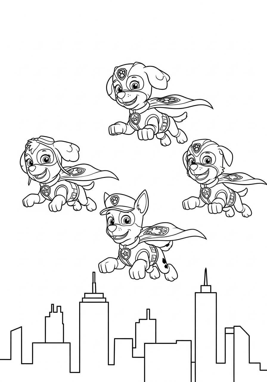 Paw Patrol kleurplaat van Mighty Pups die boven de stad vliegen met capes en superkrachten kleurplaat