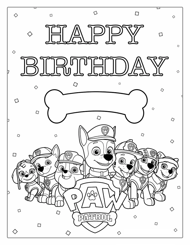 Paw Patrol verjaardag kleurplaat met pups, Happy Birthday tekst en bot kleurplaat