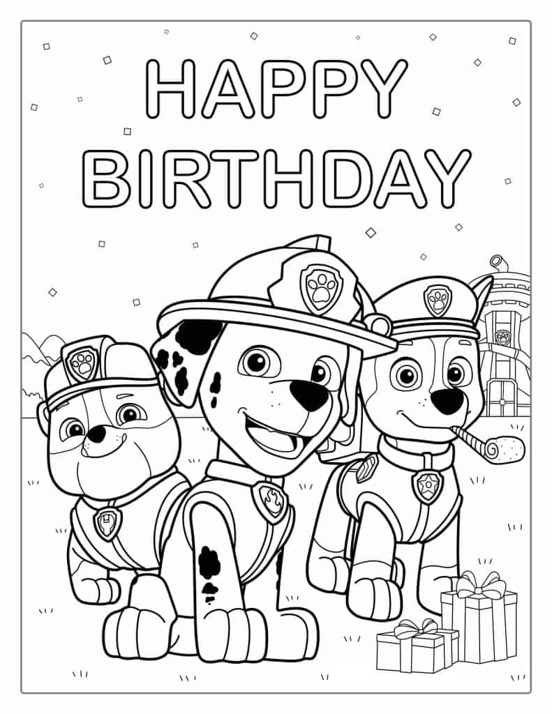 Paw Patrol verjaardag kleurplaat met pups, cadeautjes en Happy Birthday tekst kleurplaat