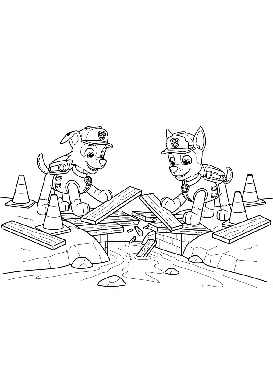 Paw Patrol kleurplaat van Rocky en Chase die een brug repareren met planken en veiligheidskegels kleurplaat