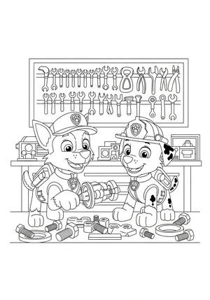 Rocky en Ryder in de werkplaats met gereedschap kleurplaat