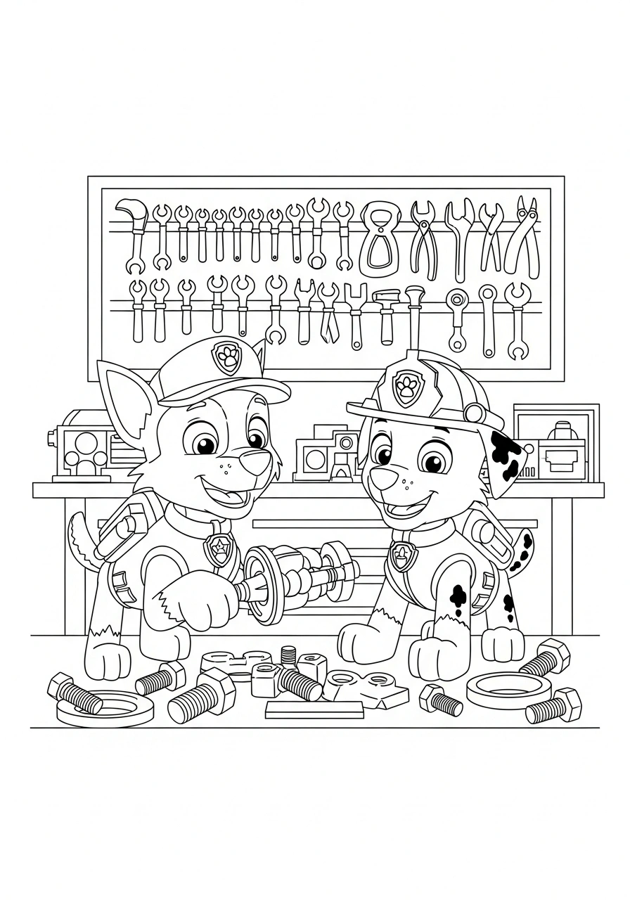 Paw Patrol kleurplaat van Rocky en Ryder in de werkplaats met gereedschapswand en onderdelen kleurplaat