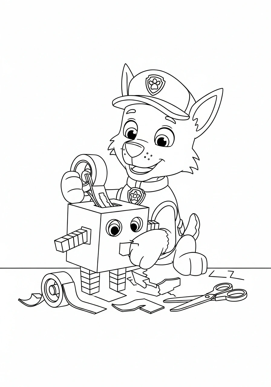 Paw Patrol kleurplaat van Rocky die een kartonnen robot bouwt met tape, schaar en boutjes kleurplaat