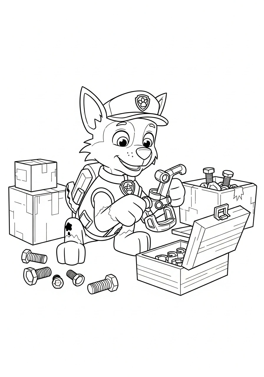 Paw Patrol kleurplaat van Rocky die knutselt met oude dozen, bouten en een gereedschapskist kleurplaat