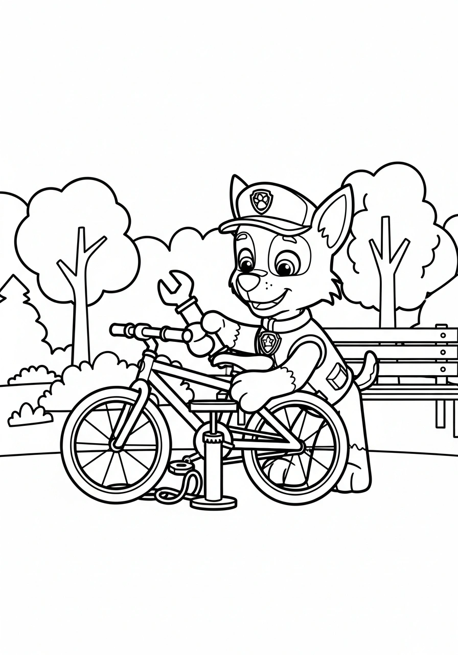Paw Patrol kleurplaat van Rocky die een fiets repareert met moersleutel en pomp in het park kleurplaat