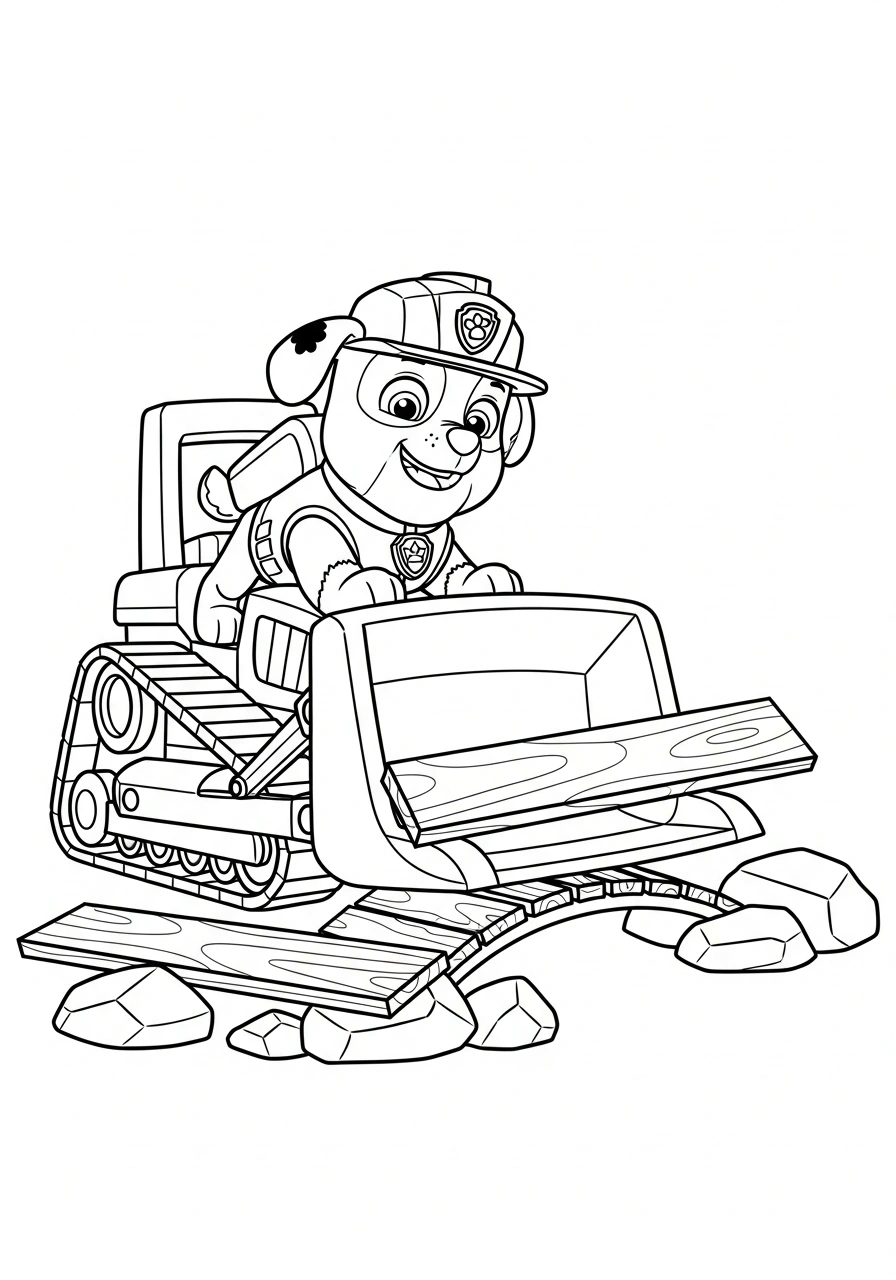 Paw Patrol kleurplaat van Rubble met graafmachine die een brug bouwt met planken en stenen kleurplaat