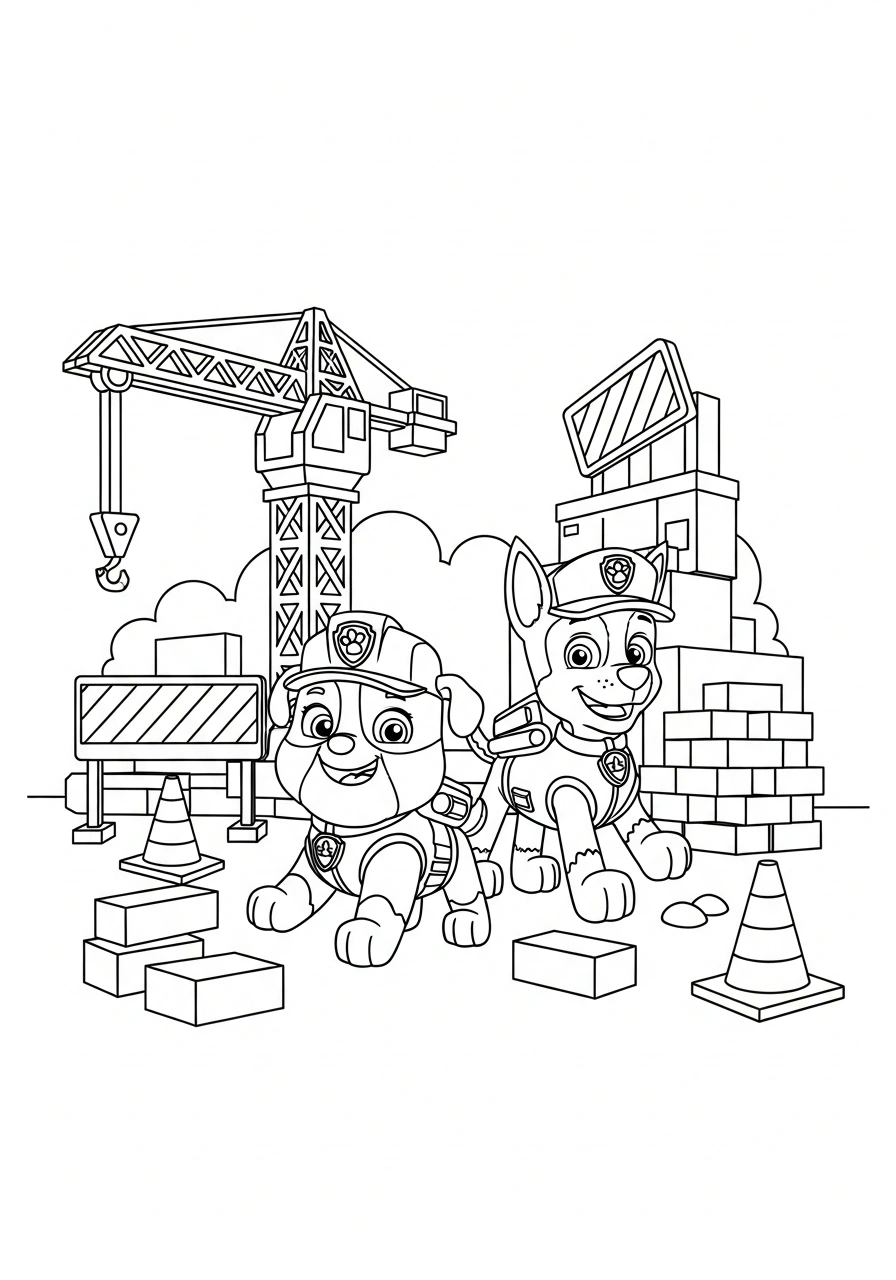 Paw Patrol kleurplaat van Rubble en Chase op een bouwplaats met een kraan, kegels en stapels stenen kleurplaat