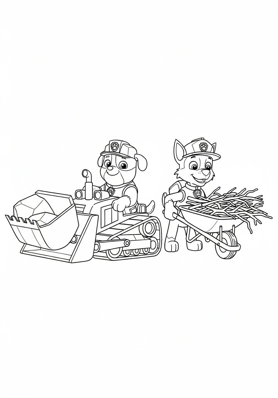 Paw Patrol kleurplaat van Rubble en Rocky die takken opruimen met een kruiwagen en bulldozer kleurplaat