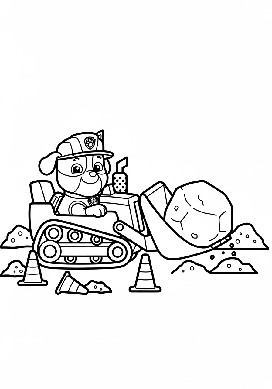 Paw Patrol kleurplaat van Rubble die een grote steen verplaatst met zijn bulldozer op een bouwplaats kleurplaat