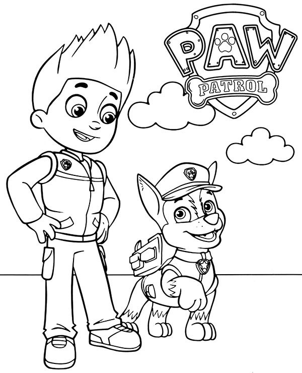 Paw Patrol kleurplaat van Ryder en Chase met politie-uniform, Paw Patrol logo en eenvoudige achtergrond