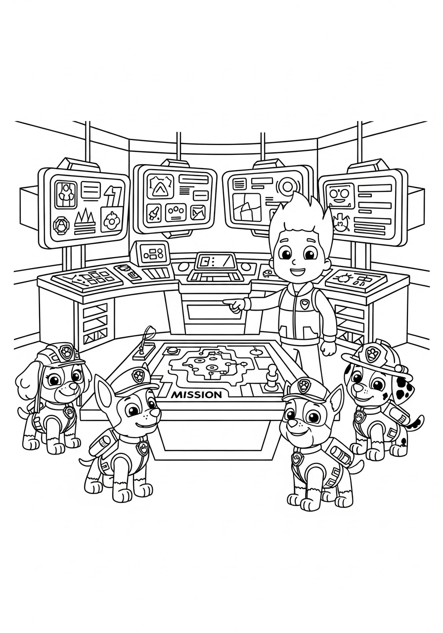 Paw Patrol kleurplaat van Ryder en pups in de commandokamer met schermen, stoelen en missiekaart kleurplaat