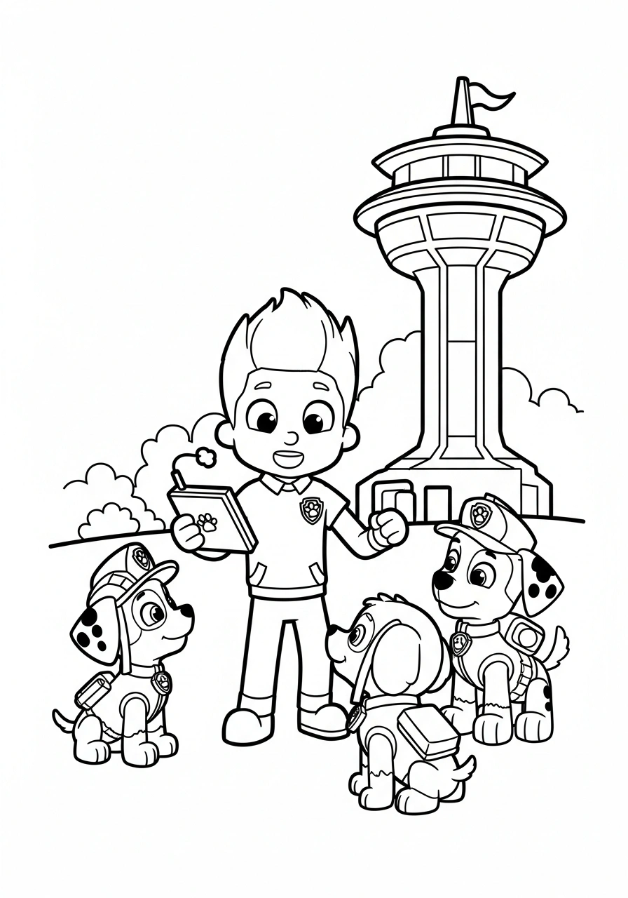 Paw Patrol kleurplaat van Ryder die een kaart van Avonturenbaai vasthoudt met iconen zoals haven en uitkijktoren kleurplaat