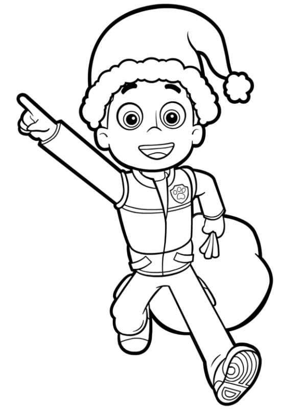 Paw Patrol kleurplaat van Ryder met kerstmuts en vrolijke houding