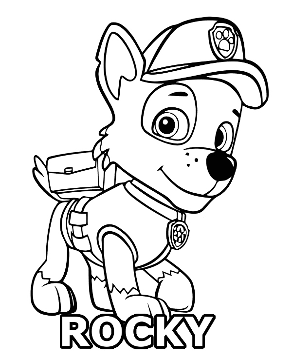 Paw Patrol kleurplaat van schattige Rocky met pet, rugzak en eenvoudige lijnen