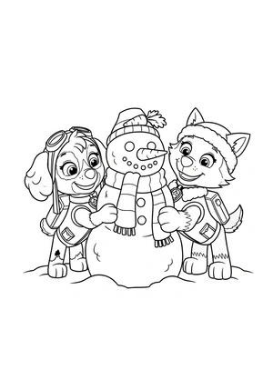 Skye en Everest maken een sneeuwpop kleurplaat