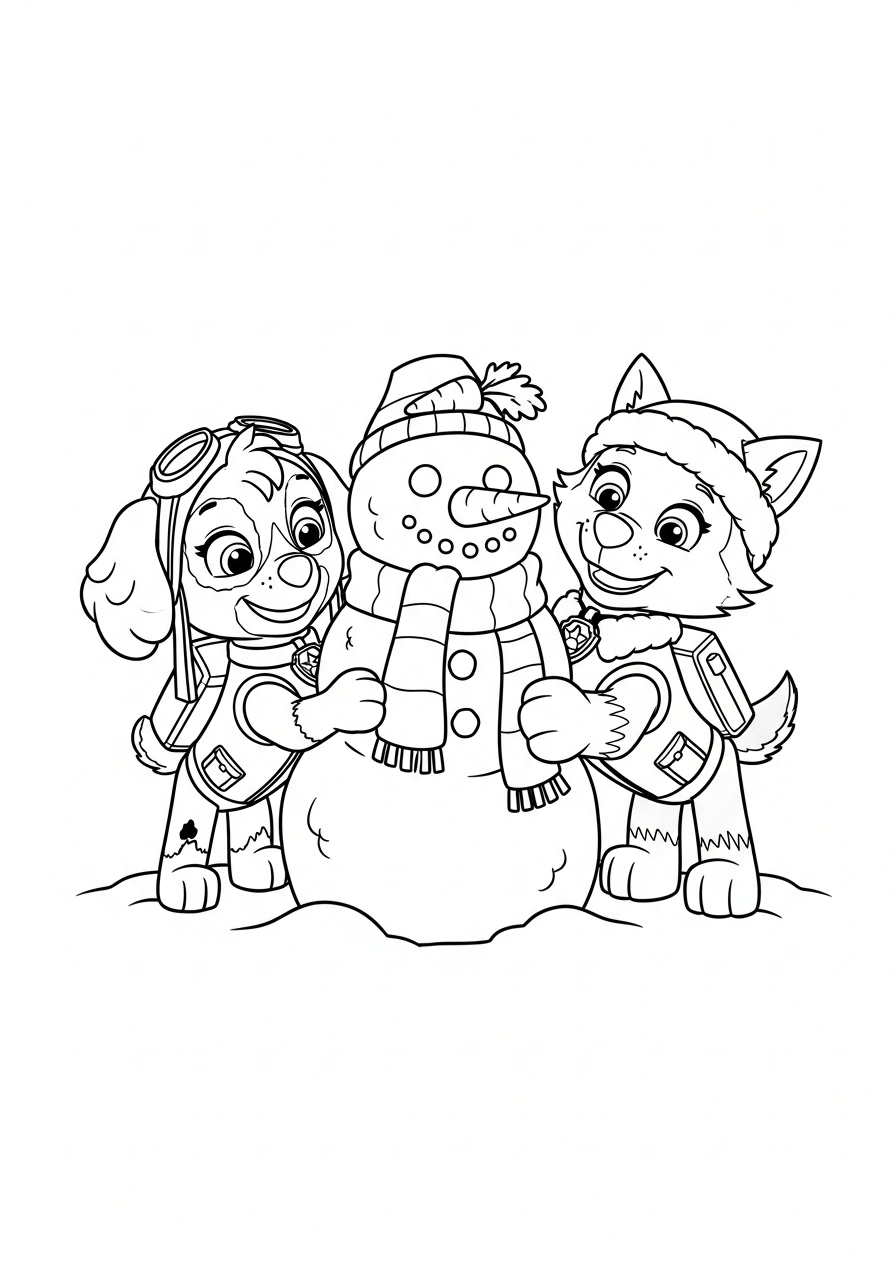 Paw Patrol kleurplaat van Skye en Everest die samen een sneeuwpop maken met sjaal en wortelneus kleurplaat