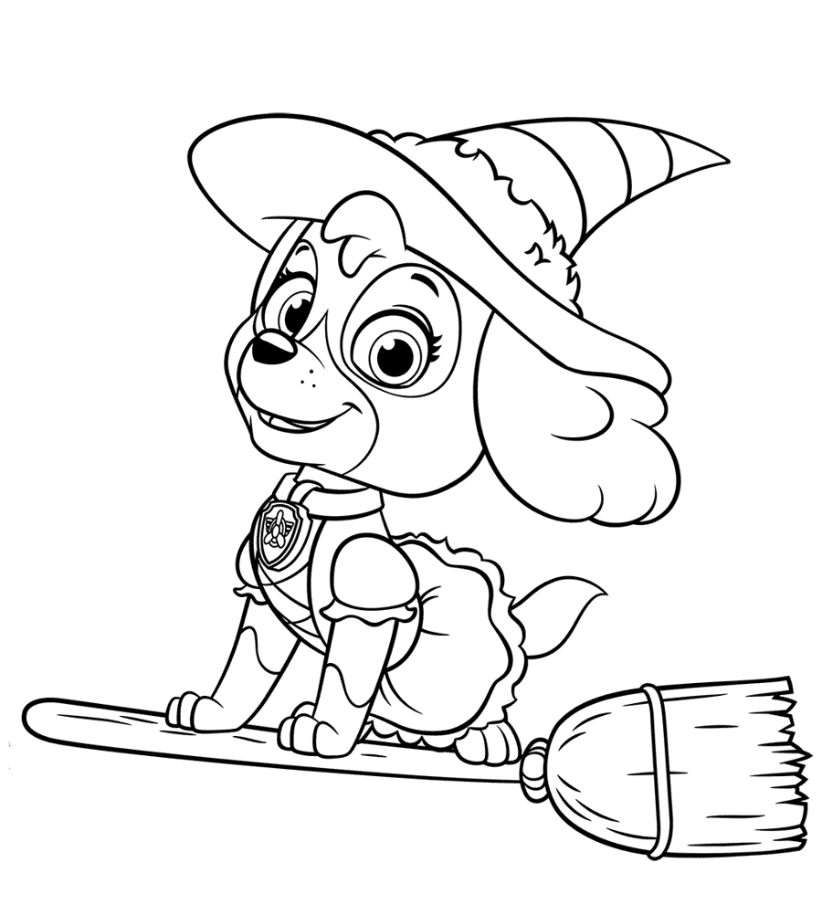 Paw Patrol kleurplaat van Skye als heks met bezem, hoed en eenvoudige Halloween lijnen