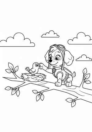 Skye helpt een vogel terug in het nest kleurplaat