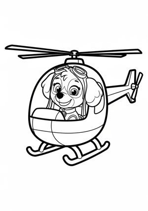 Paw Patrol kleurplaat van Skye die landt op het helipad bij de uitkijktoren met windstrepen.