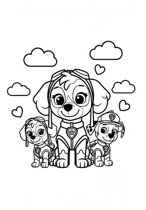 Skye met pup-pack en hartjeswolkjes kleurplaat