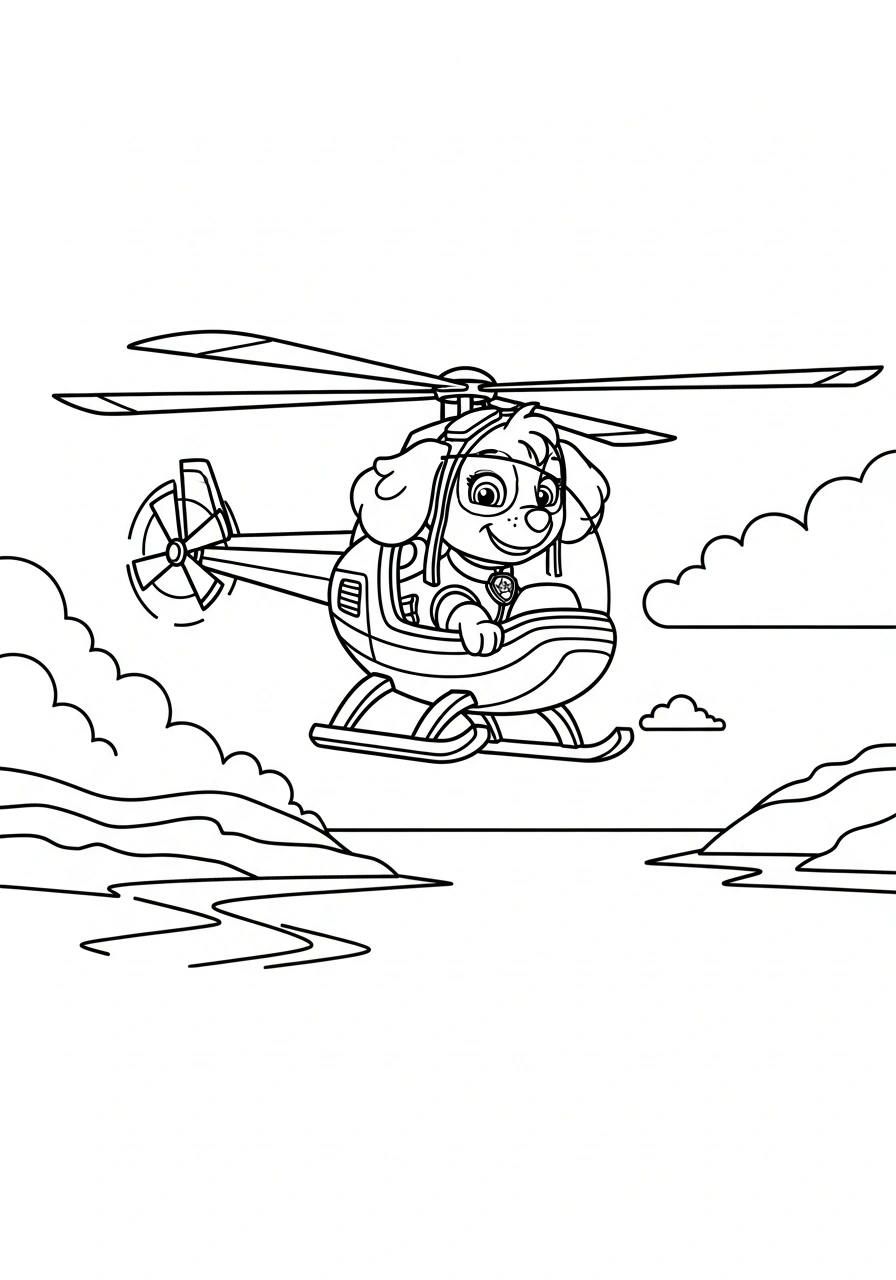 Paw Patrol kleurplaat van Skye die vliegt met haar helikopter boven Avonturenbaai met wolken en zee kleurplaat