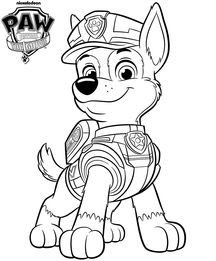 Paw Patrol kleurplaat van Chase in politie-uniform met stoere houding