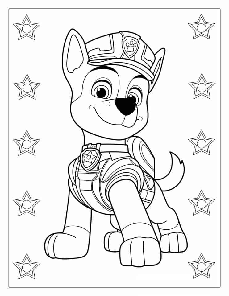 Paw Patrol kleurplaat van stoere politiehond Chase met uniform, badge en sterretjes
