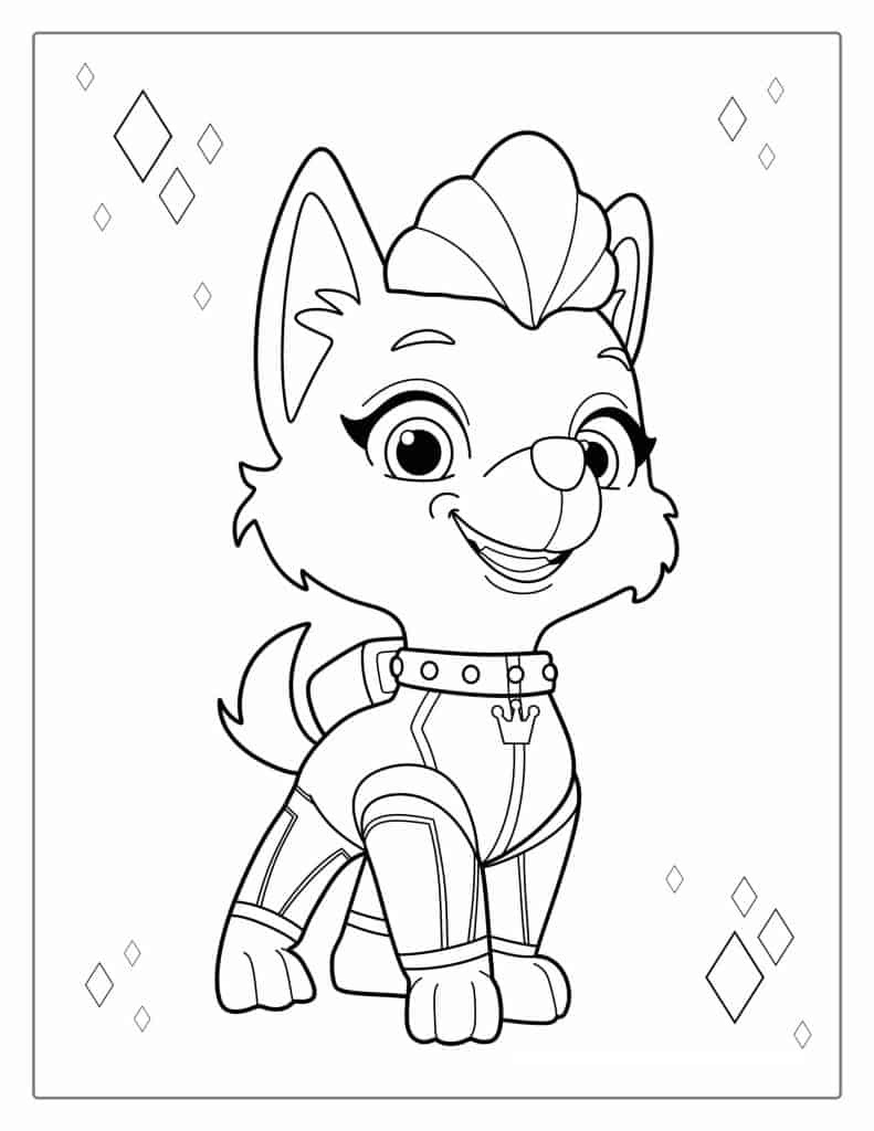 Paw Patrol kleurplaat van Sweetie als prinses met kroon, outfit en eenvoudige glinsterdetails