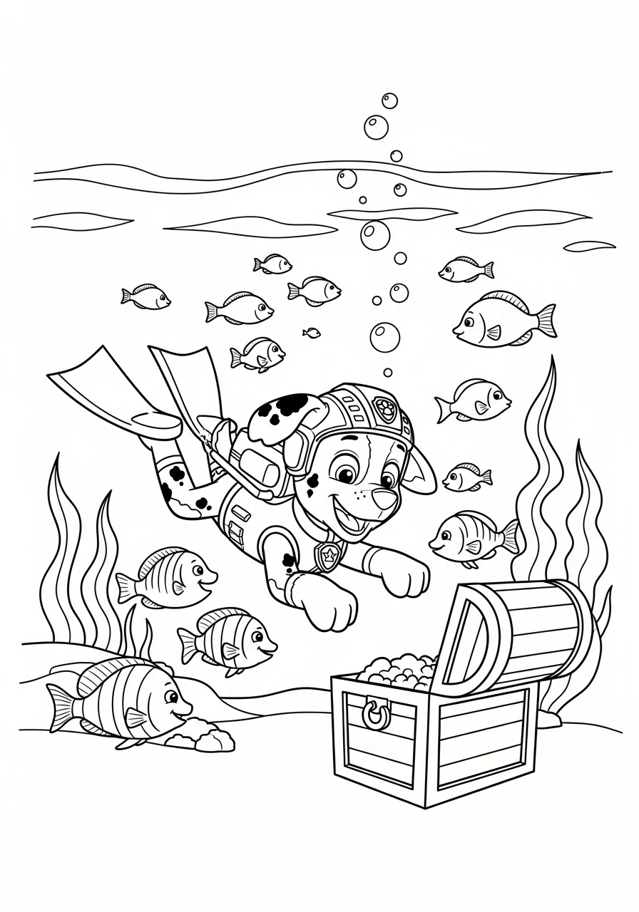 Paw Patrol kleurplaat van Zuma die duikt naar een schatkist met vissen, zeewier en bubbels kleurplaat