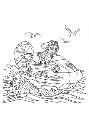 Paw Patrol kleurplaat van Zuma op zijn hovercraft op zee met golven en een boei.