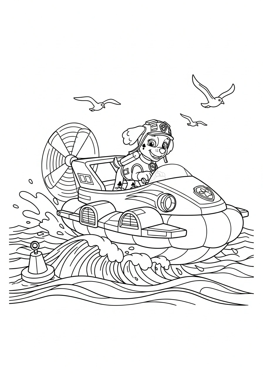 Paw Patrol kleurplaat van Zuma op zijn hovercraft op zee met golven en een boei kleurplaat