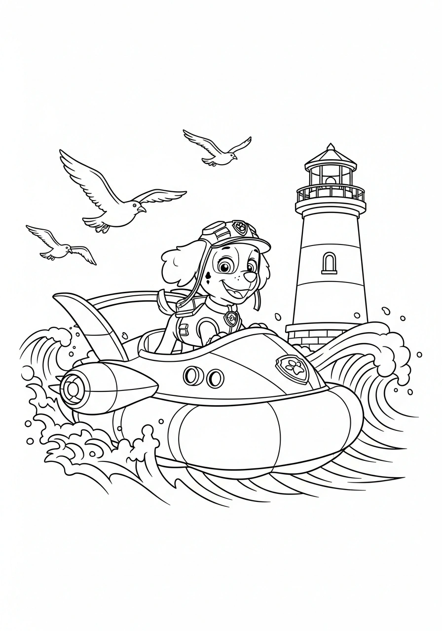 Paw Patrol kleurplaat van Zuma op het water bij een vuurtoren met golven en meeuwen kleurplaat