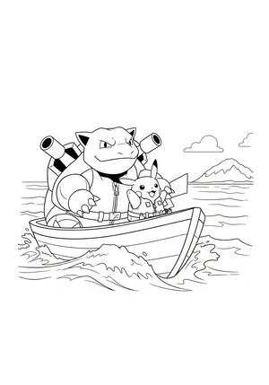 Blastoise en Pikachu op een boot kleurplaat