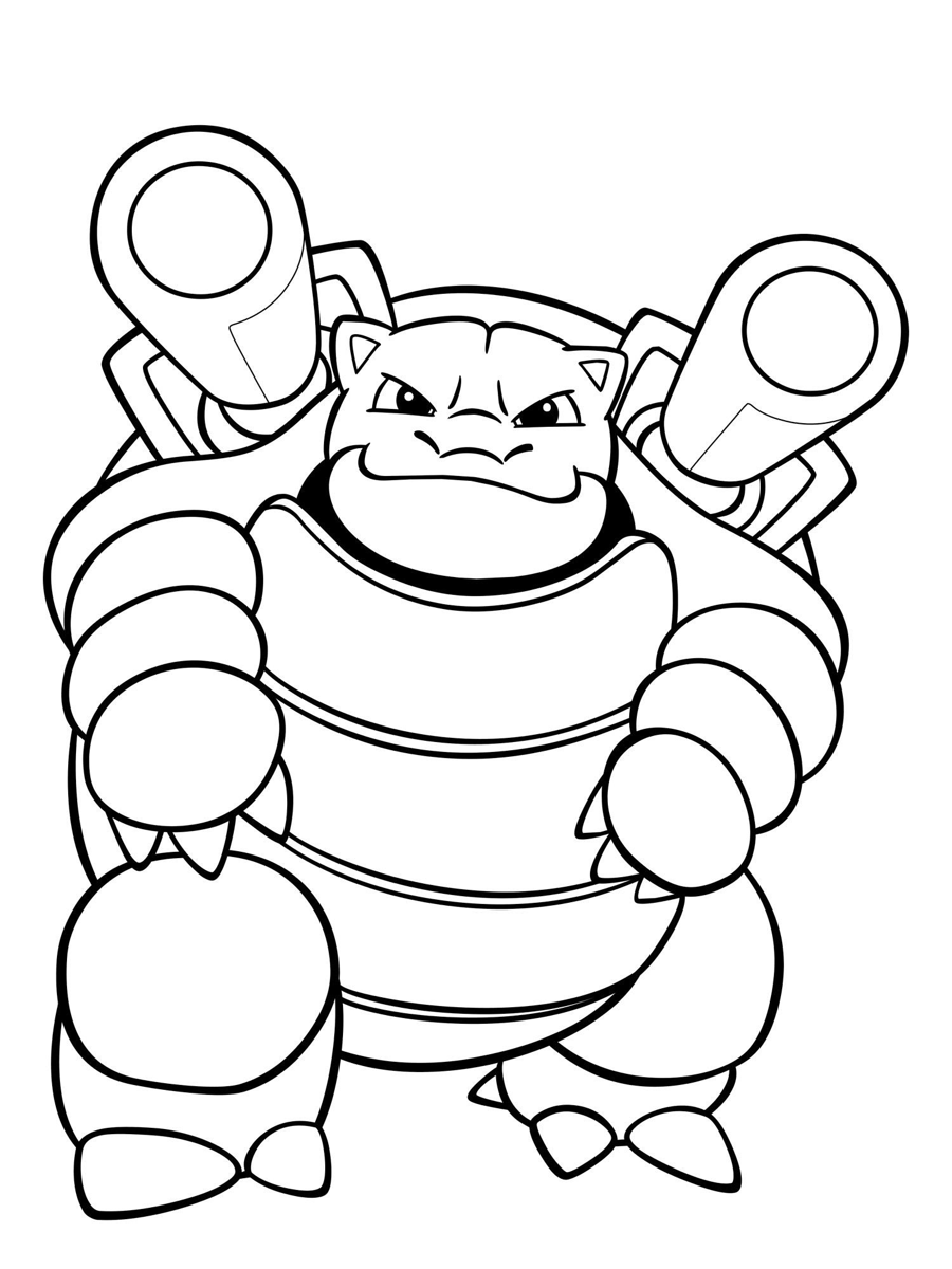 Pokemon kleurplaat van Blastoise met grote waterkanonnen en een stoere houding