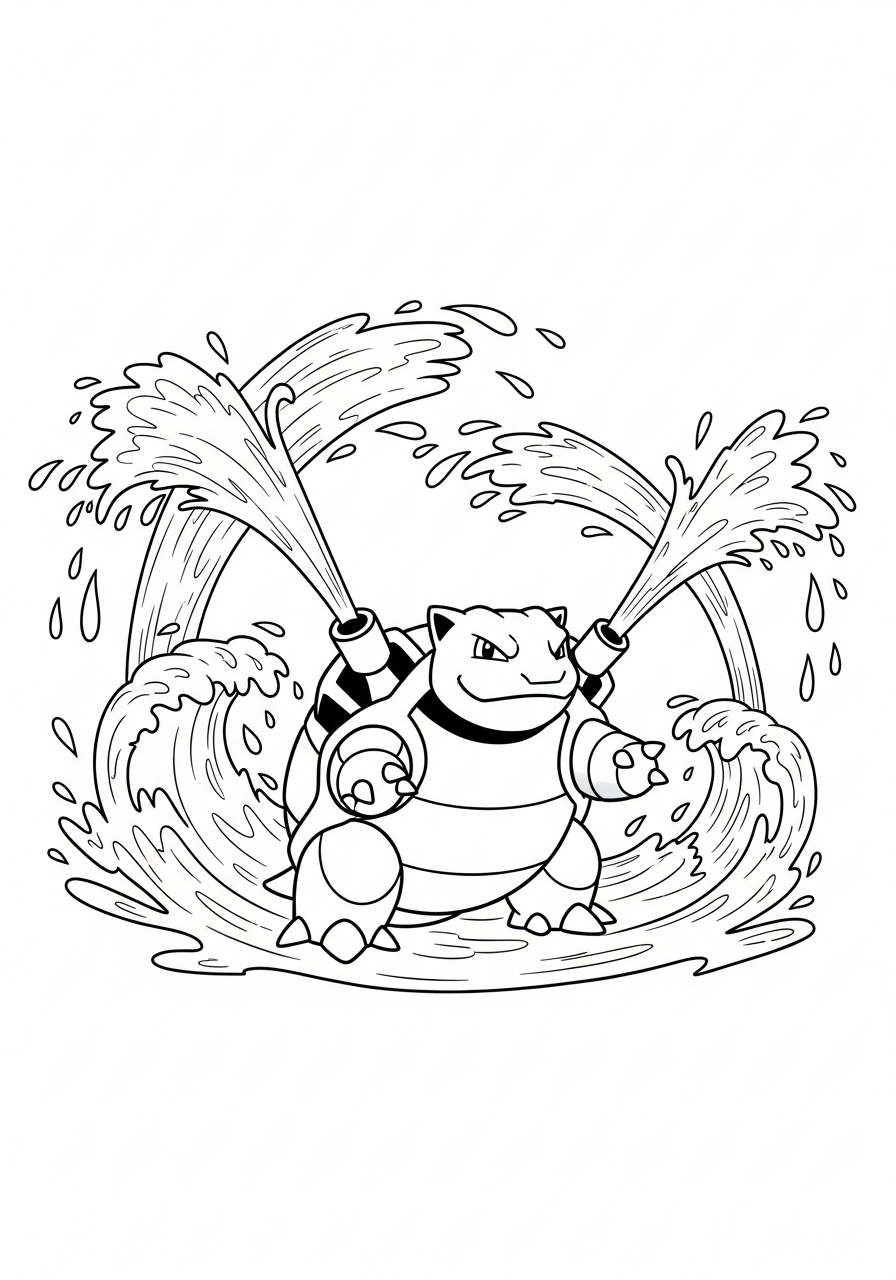 Pokemon kleurplaat van Blastoise die waterstralen spuit met golven en druppels