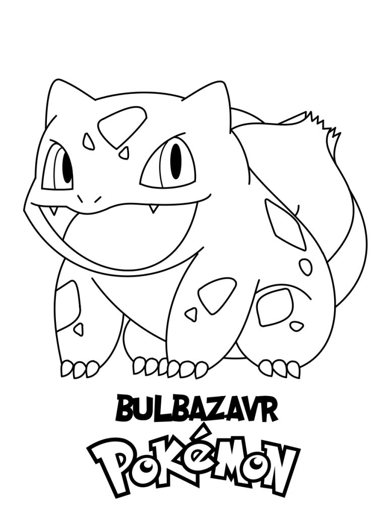 Pokemon kleurplaat van Bulbasaur met vlekken en de Pokémon-tekst onderaan