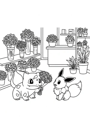 Bulbasaur en Eevee in een bloemenwinkel kleurplaat