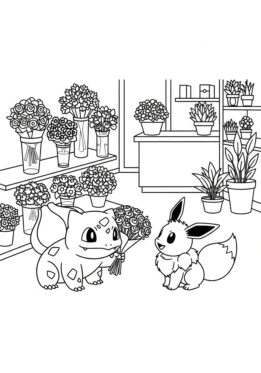 Pokemon kleurplaat van Bulbasaur en Eevee in een bloemenwinkel met boeketten en vaasjes