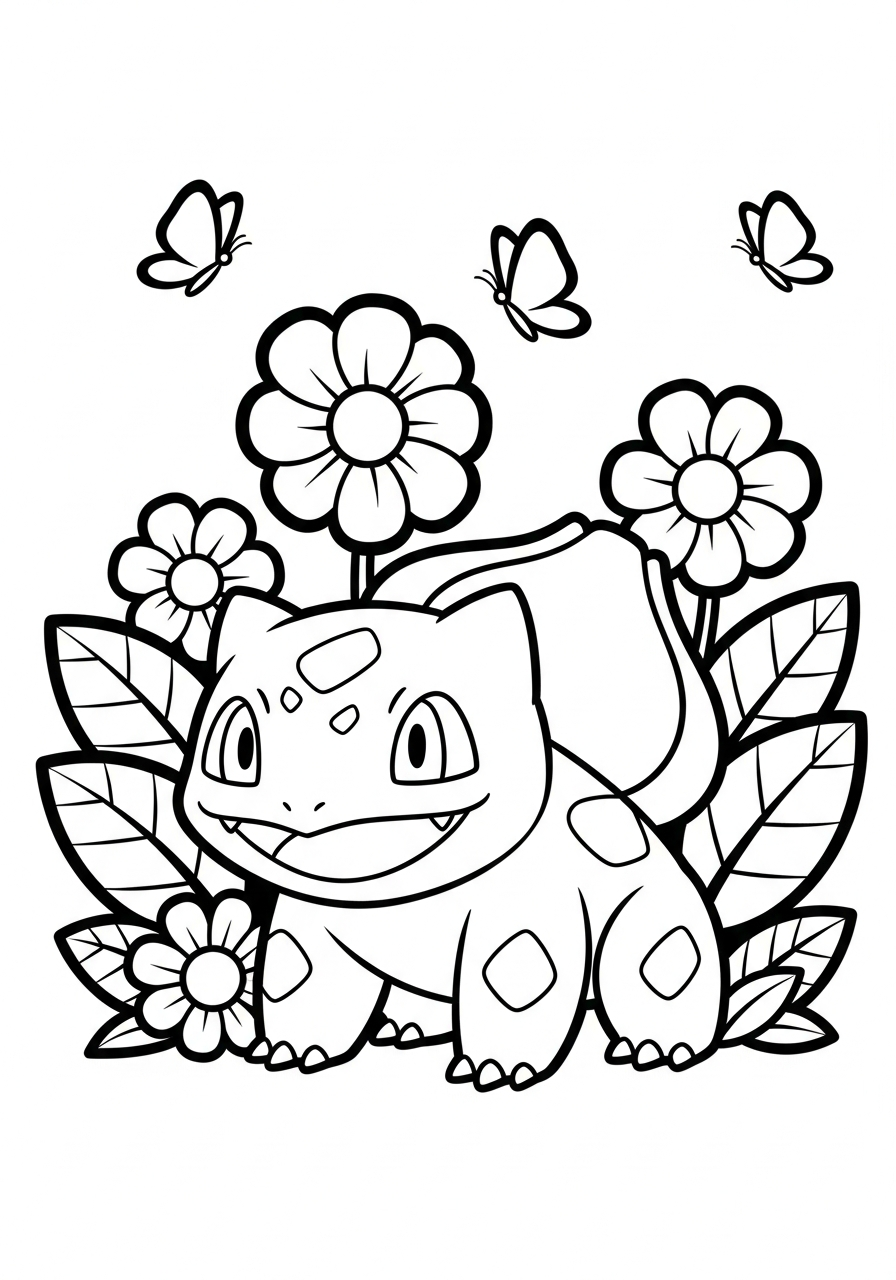 Pokemon kleurplaat van Bulbasaur tussen grote bloemen en blaadjes in een tuin