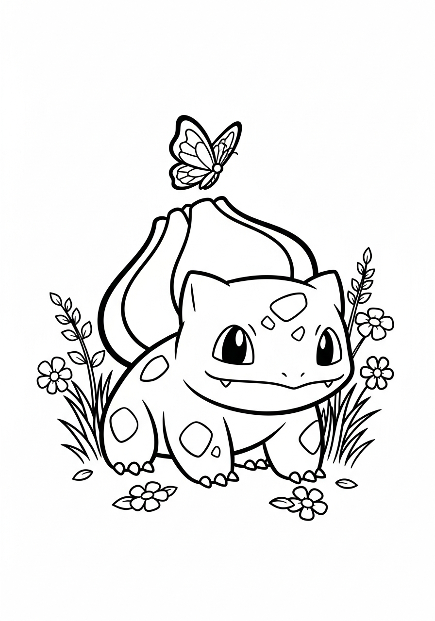 Pokemon kleurplaat van Bulbasaur met een vlinder op de bol en bloemen eromheen