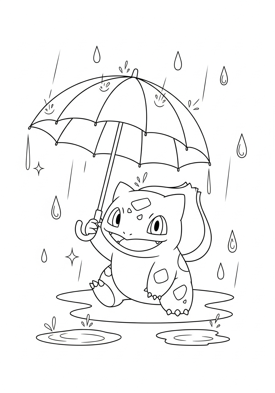 Pokemon kleurplaat van Bulbasaur onder een paraplu met regendruppels en plassen